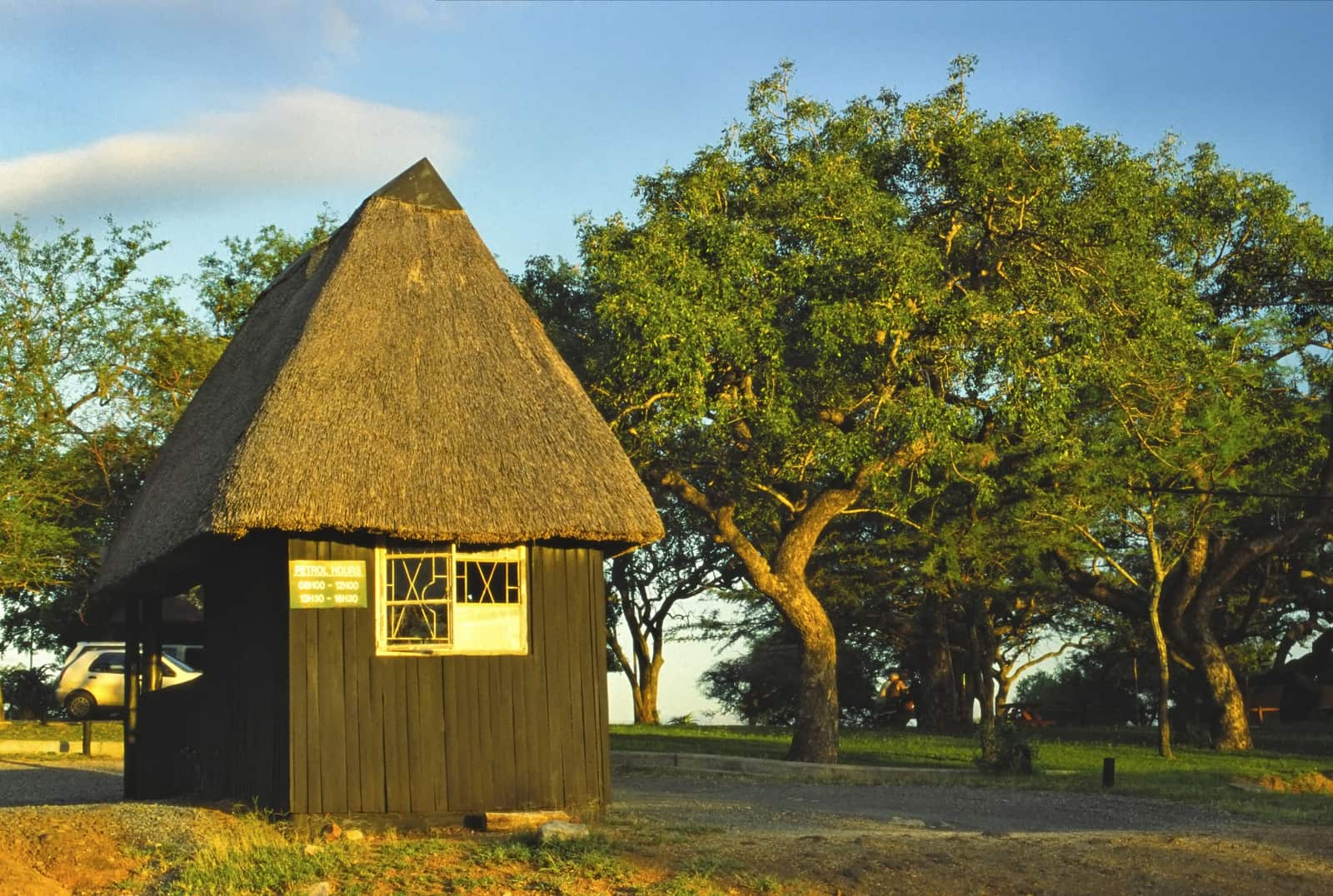 Strohgedeckte Hütte unter Bäumen im Hluhluwe-iMfolozi-Park