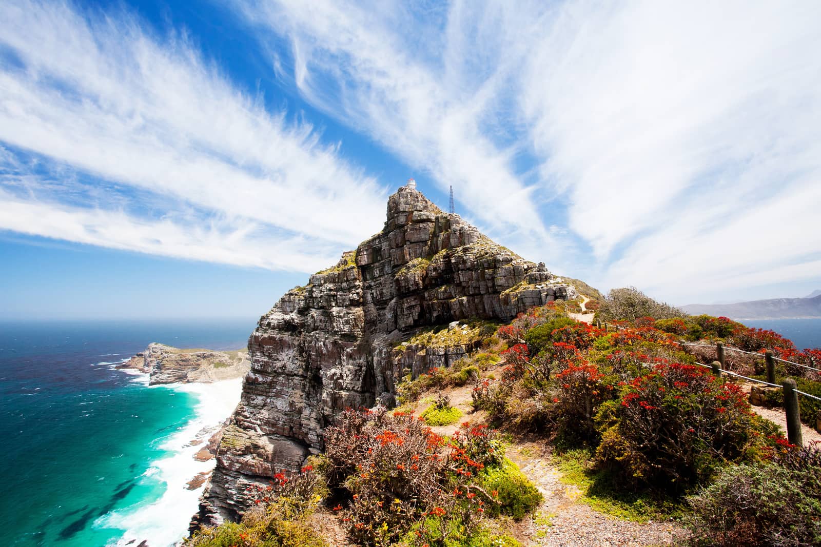 Weg zum alten Leuchtturm auf Cape Point mit blühendem Fynbos